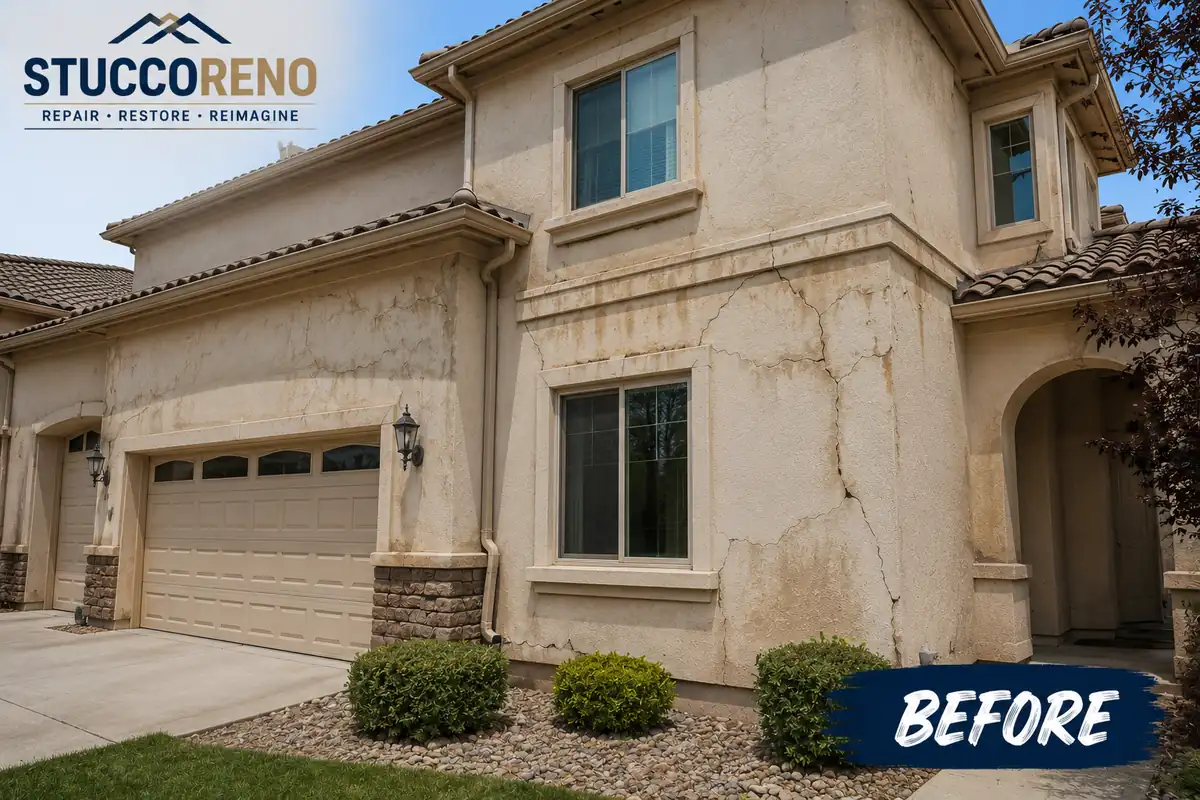 Cracked and faded stucco on a two-story Somersett home before re-stucco